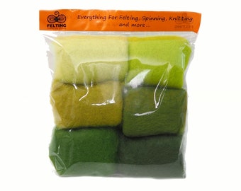 Felting Wool Kit, Carded Merino Wool Batts for Needle Felting Kit Wet Felting Spinning 26-29mic, 60g/2.1oz Light Green Palette Wool Felt Set