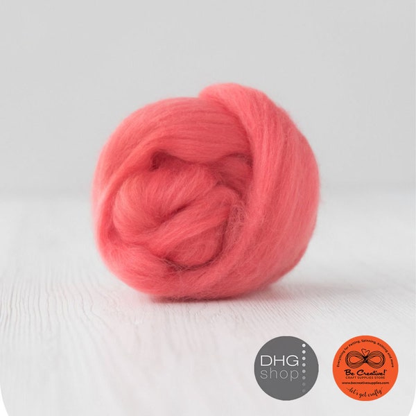 100g Extra Fine Merino Roving Wool Pink Coral Salmon for Wet Nuno Needle Felting Spinning Weaving Knitting, Color Coral