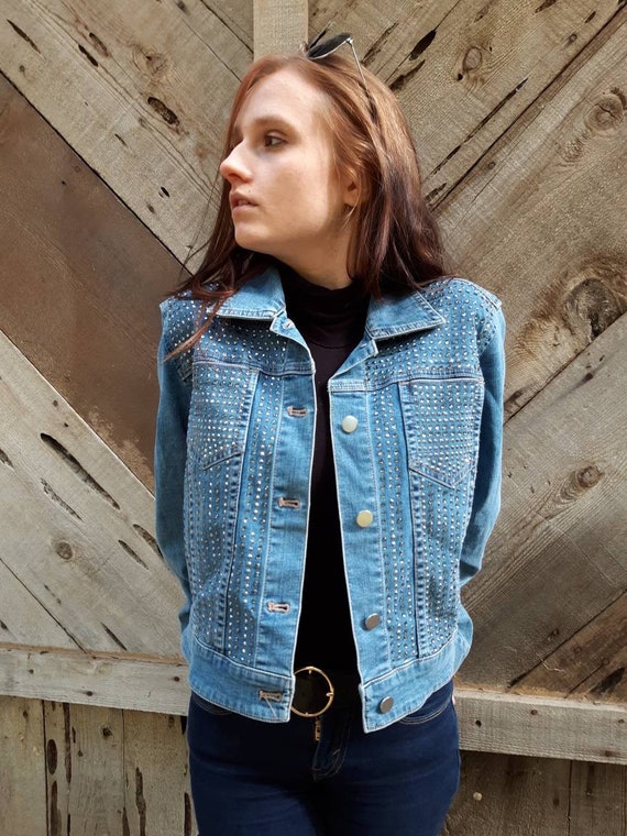 Retro Rhinestone Denim Jacket Womens Denim Coat Gi