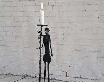 Zwart metalen kandelaar met eerlijke stok, 14 1/2'' hoog