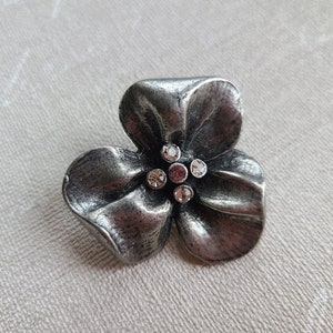 Silver Tone Three Petals Flower with Purple and Clear Rhinestones Brooch