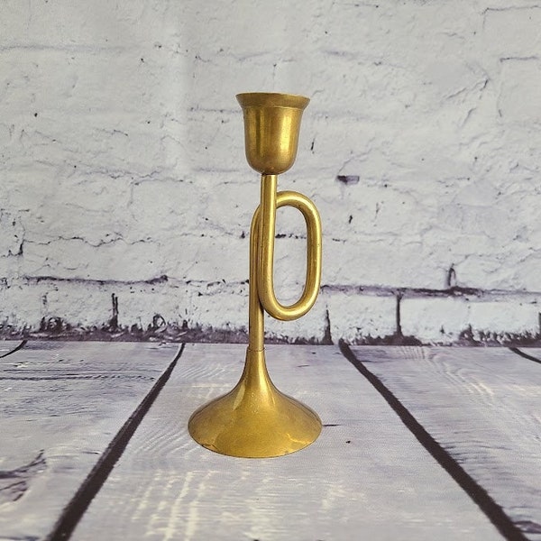 Vintage Brass Horn Candle Holder 6'' tall