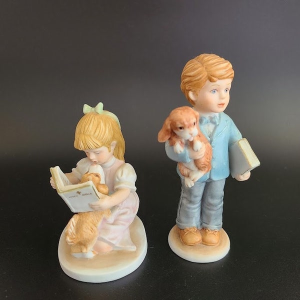 1988 Enesco Treasured Memories Figurines, "Sunday Best' Boy Figurine & "Jesus Loves Me" Girl Figurine