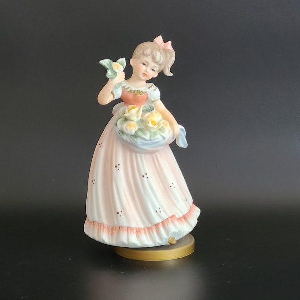 Berman & Anderson Inc. Hand Painted Flowers Seller Girl Porcelain Figurine, Music Box, Made in Japan