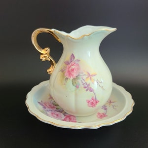 Vintage Hand Painted Lefton China Pitcher and Matching Saucer ( Bowl) , Made in Japan B06