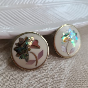 Vintage Alpaca Mexico Clip-On Earrings Abalone Mother of Pearl Shell Earrings