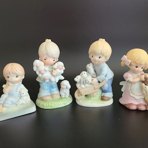Lot of 4 Homco Little Girl Pink Feeding Duck Goose, Girl w/Sheep, Boy with Baby Sheeps, Boy w/Popies Porcelain Figurines