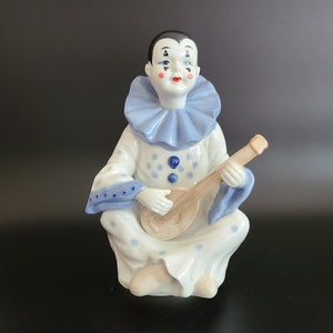 Carousel Clown Figurine Playing Mandolin, Wind up Musical Box,  Porcelain/Ceramic