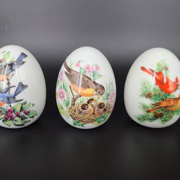 Avon Porcelain Eggs, Set of 3 Hand Painted Seasonal Collectible Eggs by E. Hoffmann, NO STANDS. Made in Japan