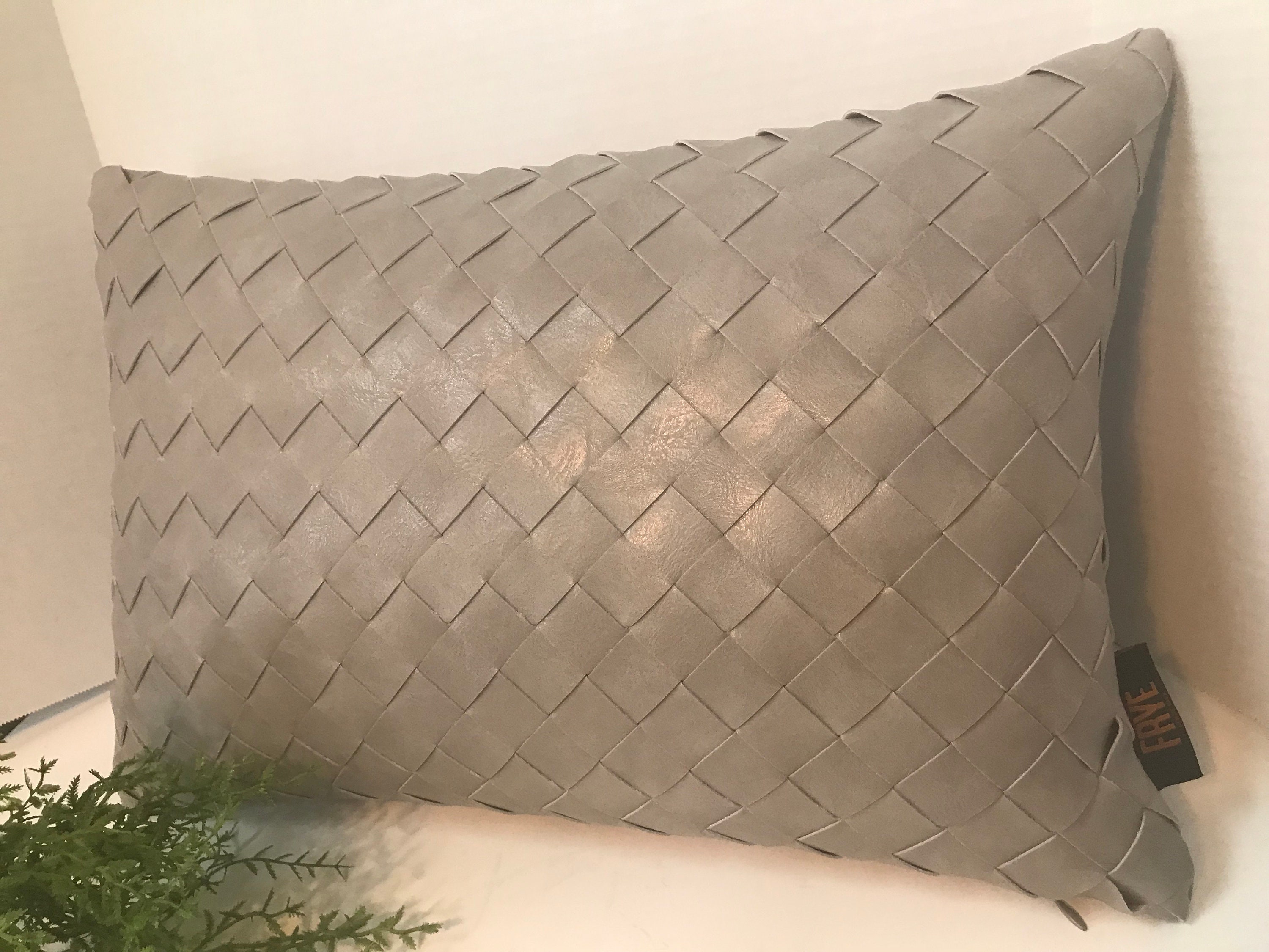 Frye Gray Woven Faux Leather Pillow, Pleather Pillow, Woven Frye Gray Woven Faux Leather Pillow, Pleather Pillow, Woven