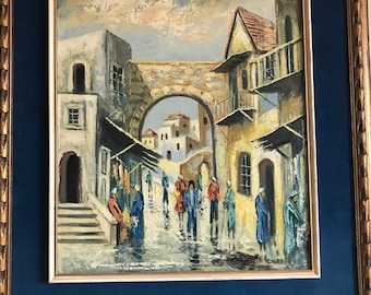 Vintage Mid Century original Impressionist painting, Vibrant city scene original painting, signed  24x36 vintage original signed modern art