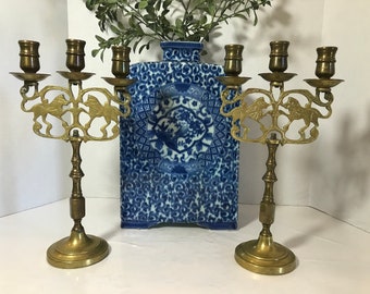 Vintage brass candelabra, Antique brass three arm lion candle holder, Vtg brass ornate candle stick holder, brass taper 3 tier candelabra.