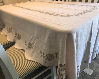 Vintage French linen light pink embroidered tablecloth 62x94", Vintage linen shabby chic French Country style linen rectangle tablecloth