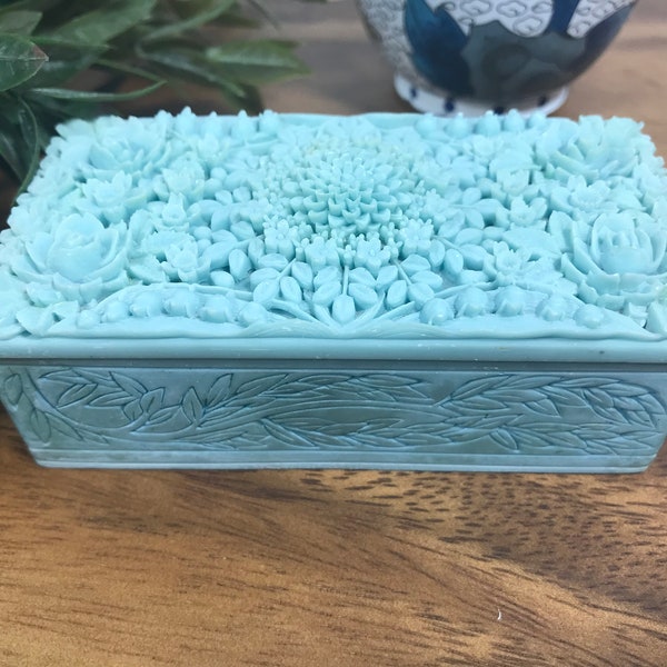 Vintage alabaster blue trinket box, Small carved floral stone trinket box, Petite carved trinket box, small stone carved covered box