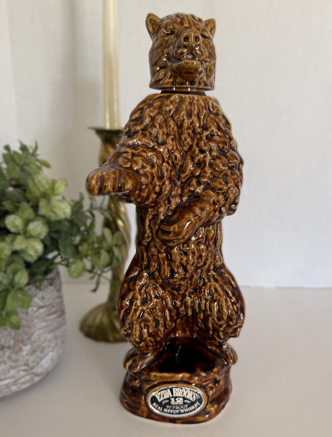 Vintage 1968 Ezra Brooks Brown Bear Whiskey Decanter, Ceramic