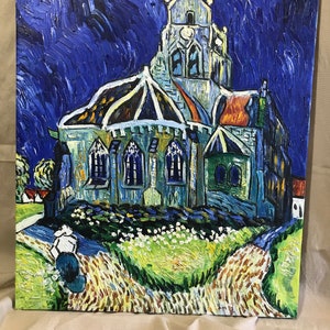 May include: A painting of a church at night with a starry sky. The church is painted in a style reminiscent of Vincent van Gogh, with swirling brushstrokes and bright colors.