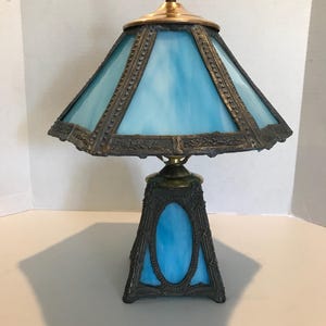 Vintage Arts & Crafts Blue Slag Glass Table Lamp – Paneled Glass with Ornate Lead Frame