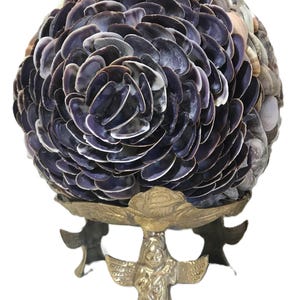 Vintage shell decorative ball on brass stand, Vtg handmade purple seashell sphere home decor, beach house decor, seashell decor