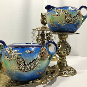 Vintage Japanese blue dragonware, Vtg Japan dragon ware blue sugar bowl, Vtg blue dragonware creamer, blue dragonware creamer sugar set