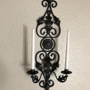Vintage Spanish Revival style candle holder wall sconce, Vintage black metal wall sconce candle holder, black iron candle holder wall decor