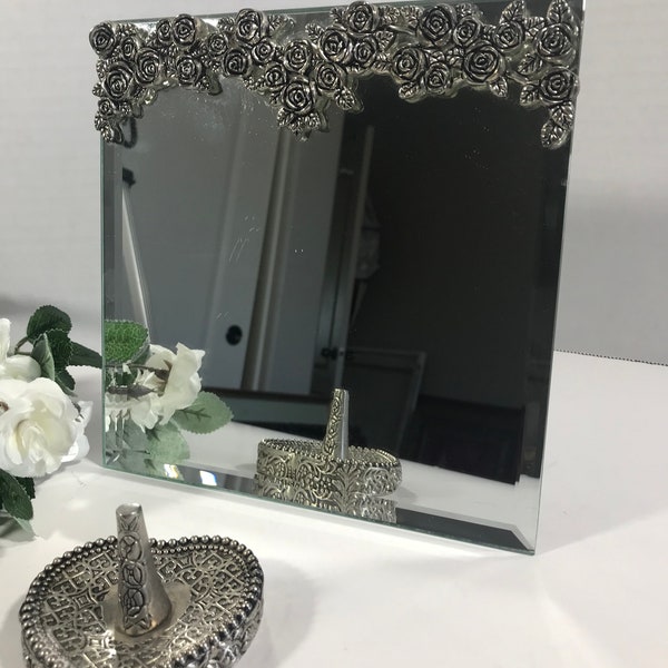 Vintage silverplate rose vanity standing mirror and ring holder, Vintage silver rose detailed decorative standing mirror with ring holder