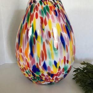 Murano Italy style glass vase, bright colorful splatter style glass oval shaped vase, vibrant sculptural vase, contemporary glass vase