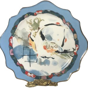 Anthropologie Betty Hatchett plate, Anthropologie blue wavy edge crane watercolor plate, Anthropologie bird crane whimsical plate image 2