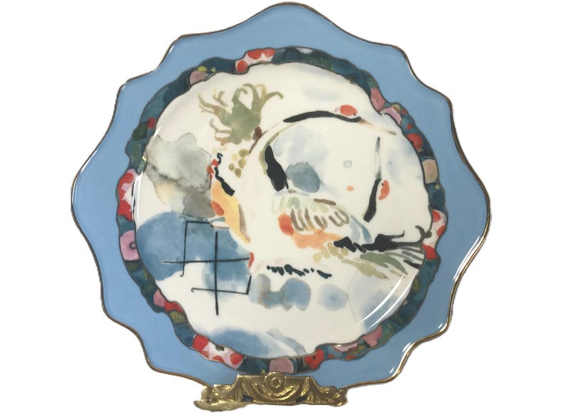 Anthropologie Betty Hatchett plate, Anthropologie blue wavy edge crane watercolor plate, Anthropologie bird crane whimsical plate image 2
