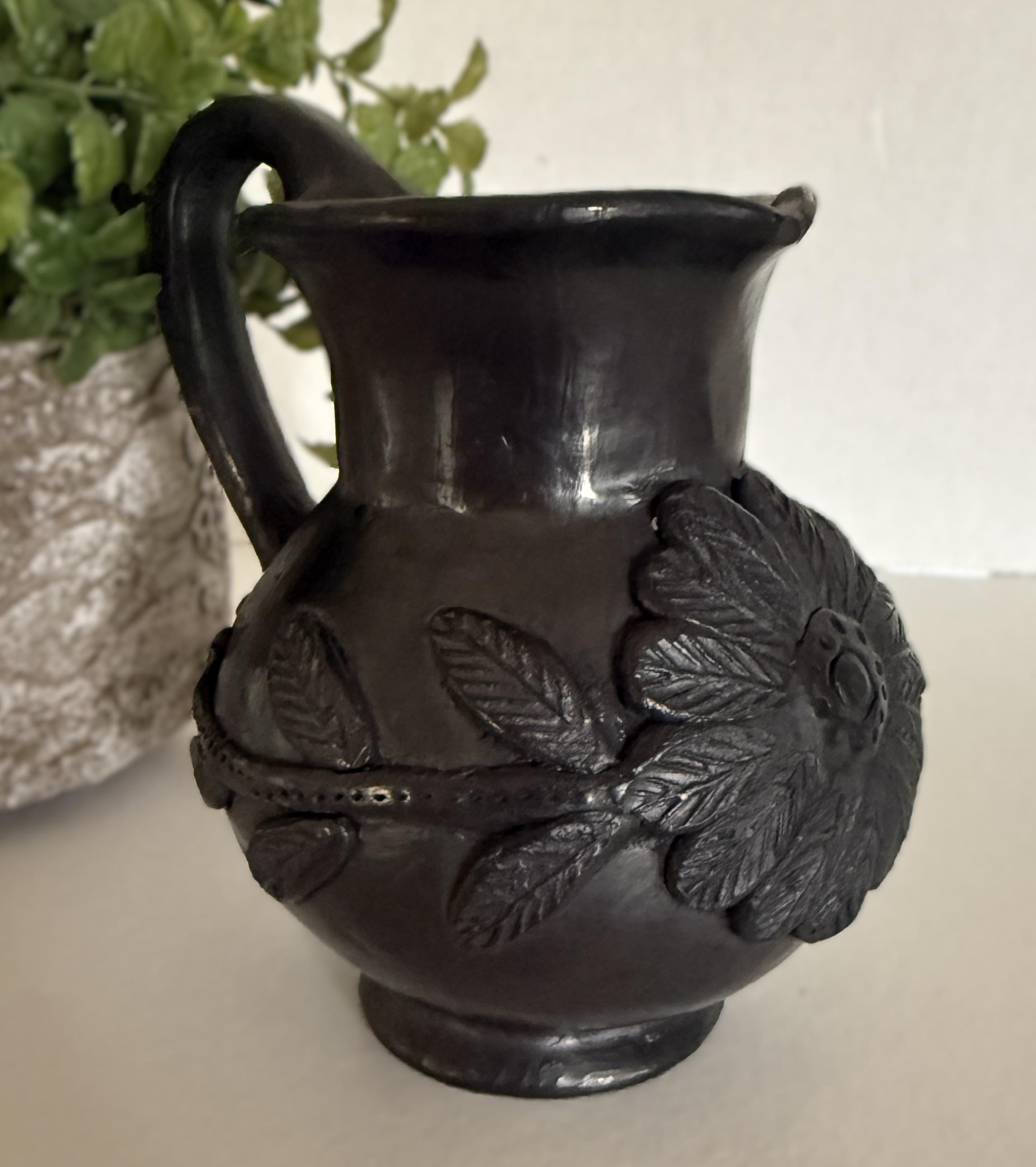 Vintage Dona Rosa Oaxacan Black Pottery Pitcher, Mexican Folk Art