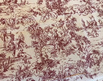May include: A beige fabric with a red toile pattern featuring a repeating design of trees, houses, and figures. The pattern is reminiscent of a traditional French toile.