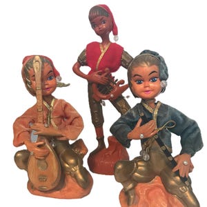 Vintage Pixie figurines, MCM musical Pixie dolls, Mid Century Pixie figurines, Pixies with instruments, Pixie elf 50s vintage figurines