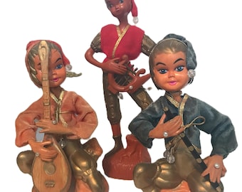 ヴィンテージ ピクシー フィギュア、MCM ミュージカル ピクシー人形、ミッドセンチュリー ピクシー フィギュア、楽器を持ったピクシー、ピクシー エルフ 50 年代ヴィンテージ フィギュア