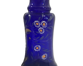 Jarra pequeña vintage de vidrio soplado azul con borde superior estriado, jarrón vintage de vidrio artístico azul pintado a mano, jarrón vintage de vidrio azul con volantes
