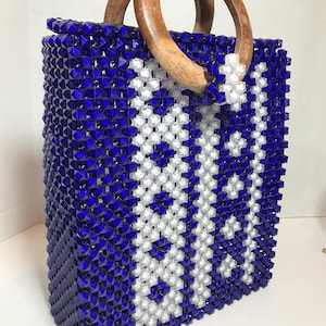 Vintage 1960s beaded box style purse, blue and white beaded vintage handbag purse with wooden round handles, Vintage lucite beaded bag purse