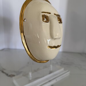 Vintage Signed Ceramic Wall Mask, Ivory Studio Pottery Face Sculpture, Modern 3D Wall Art, Bronze Trim Gallery Wall Decor image 1
