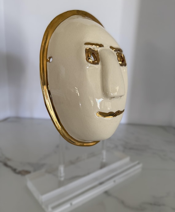 Vintage Signed Ceramic Wall Mask, Ivory Studio Pottery Face Sculpture, Modern 3D Wall Art, Bronze Trim Gallery Wall Decor