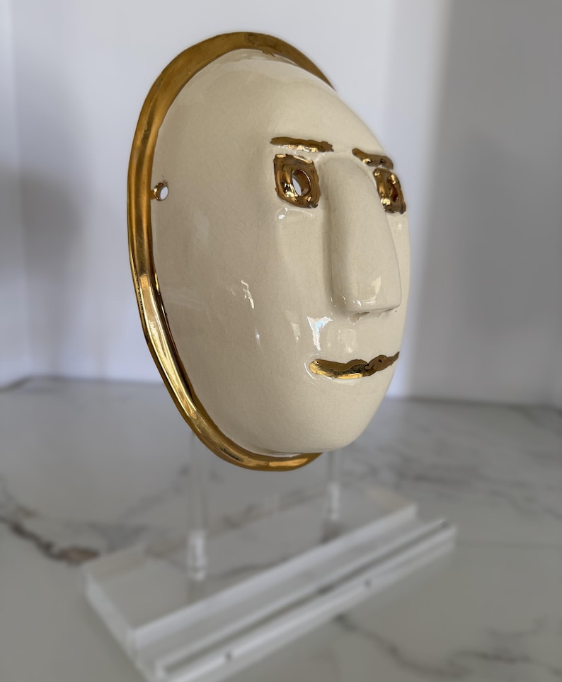 Vintage Signed Ceramic Wall Mask, Ivory Studio Pottery Face Sculpture, Modern 3D Wall Art, Bronze Trim Gallery Wall Decor image 1