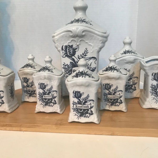 Vintage Delfts Bleau blue and white cannisters, Vtg Dutch T Delfts Bleau set, white ceramic cannisters, vintage European cannister set