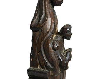 Antique Carved Wood Madonna and Child Statue | Large 17.75