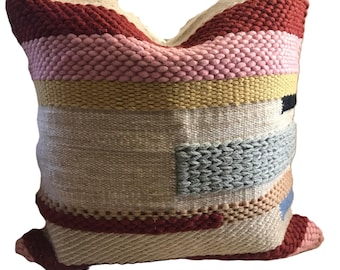 Wool textured color block pillow cover, boho woven wool throw pillow cover, modern geometric cushion cover, 19x19 inch pillow case