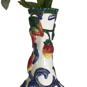 Vintage Fitz and Floyd majolica style Florentine ceramic bud vase, Fitz and Floyd Florentine blue and white fruit pattern petite vase