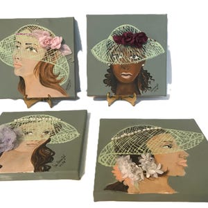Cuadro de una pequeña mujer con sombrero, conjunto de cuadros de niñas con sombreros, arte mural, arte original enmarcado en técnica mixta firmado, pequeñas pinturas artísticas firmadas