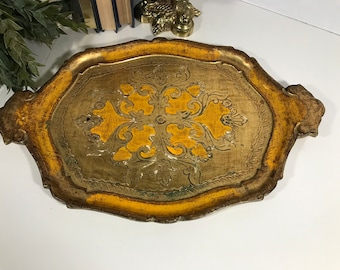 Vintage Florentine tray, Elegant Italian Florentine gold gilt serving tray, Italian Florentine wooden yellow and gold decorative tray.