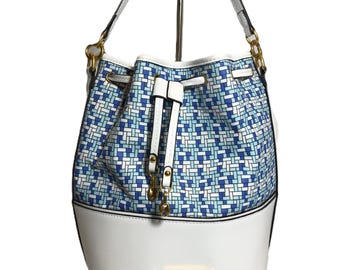 Kate Spade white and blue bucket style handbag purse, Kate Spade leather and canvas tote handbag, Kate Spade Gramercy handbag purse