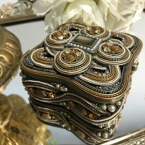 Vintage bronze toned metal art deco design, enamel and crystal covered trinket box, Enamel jeweled jewelry box