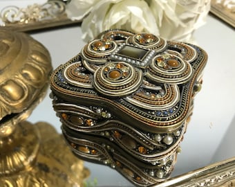 Vintage bronze toned metal art deco design, enamel and crystal covered trinket box, Enamel jeweled jewelry box