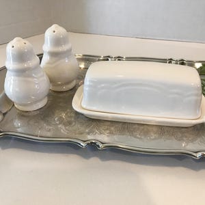 Vintage Pfaltzgraff Gazebo Butterdose und Salz- und Pfefferset, Vintage Pfaltzgraff Gazebo weiße Salz- und Pfefferstreuer und bedeckte Butterdose