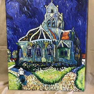 May include: A painting of a church at night with a starry sky. The church is painted in a style reminiscent of Vincent van Gogh, with swirling brushstrokes and bright colors. A single figure is walking away from the church on a path.