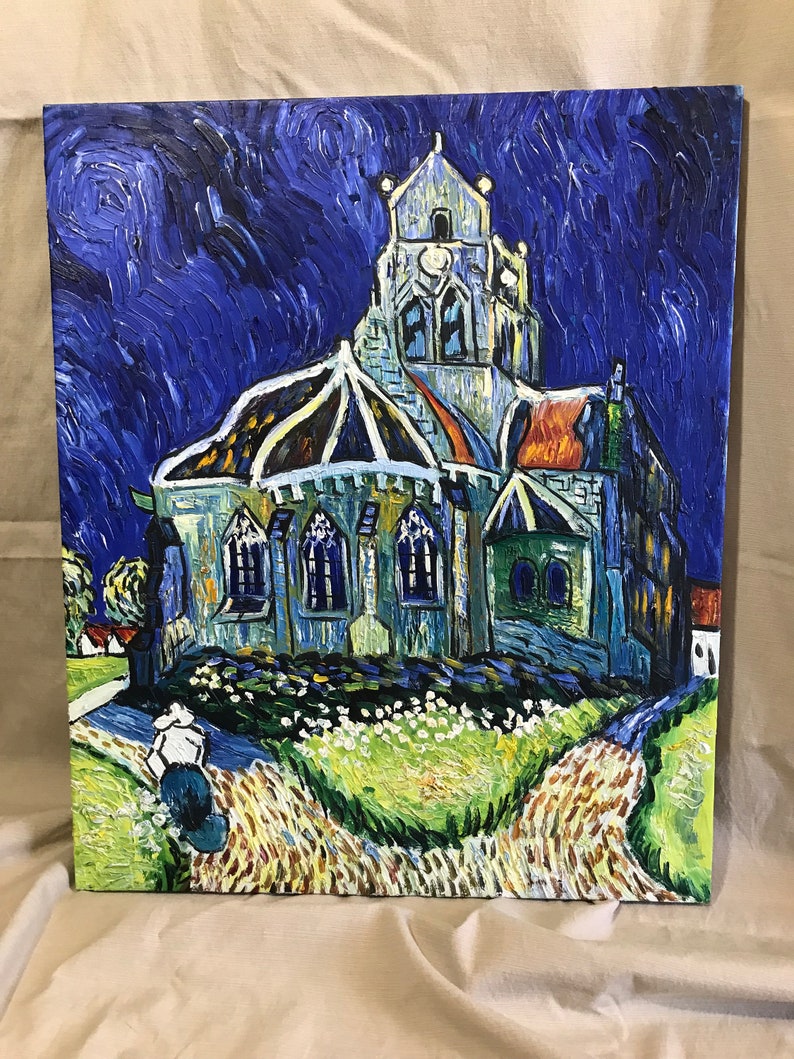 May include: A painting of a church at night with a starry sky. The church is painted in a style reminiscent of Vincent van Gogh, with swirling brushstrokes and bright colors. A single figure is walking away from the church on a path.