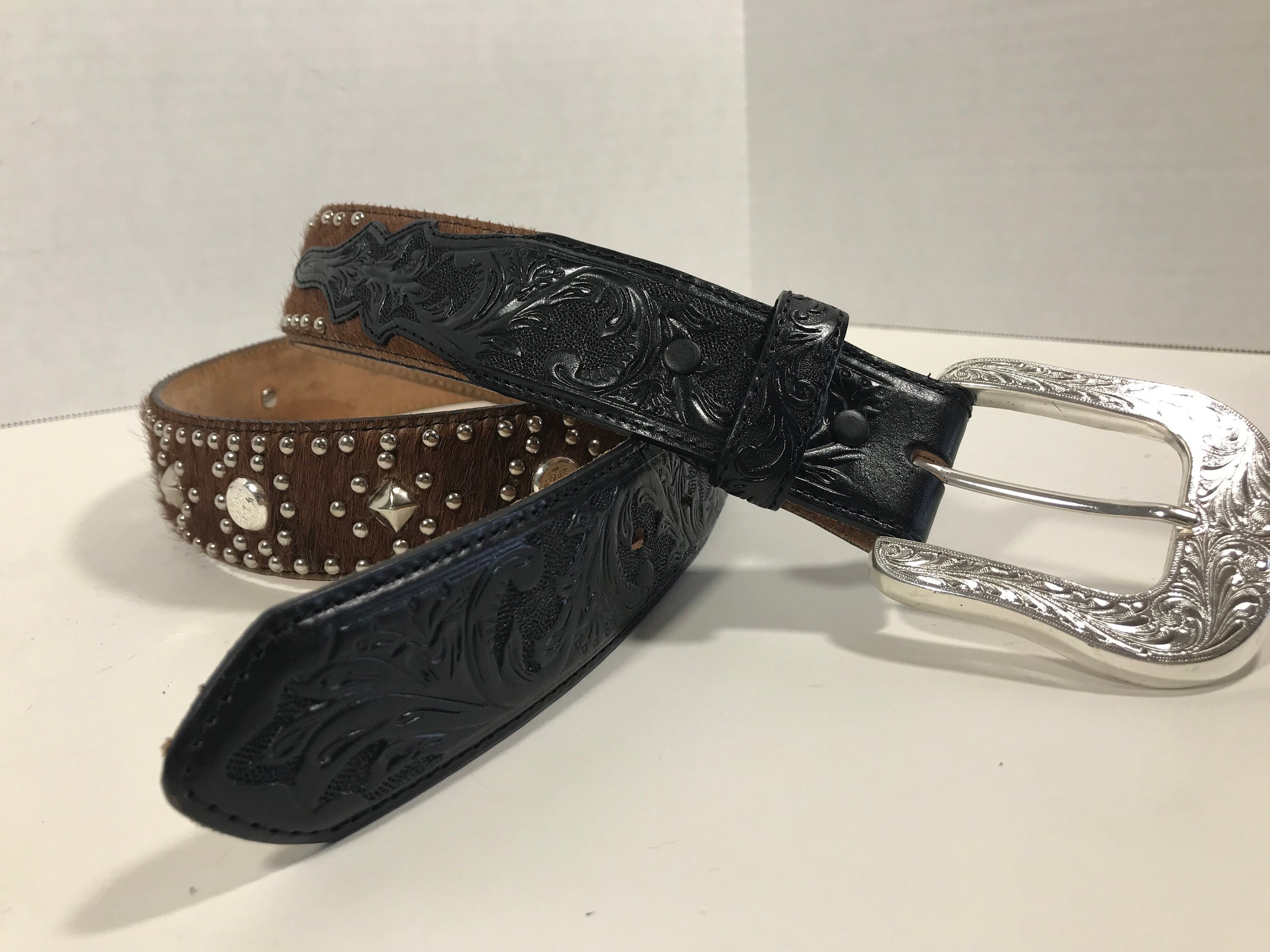 Vintage Barbosa Sz L Black Leather Cowgirl Western Belt Multicolored Crosses Nocona Belt Co. Men main image 3